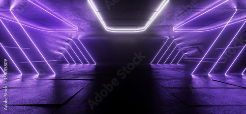 Neon  Cyber Synth Lights Glowing Line Beams Lasers Stage Showcase Purple Blue Metal Concrete Underground Sci Fi Futuristic Dance Club Spaceship Dark Night Background 3D Rendering