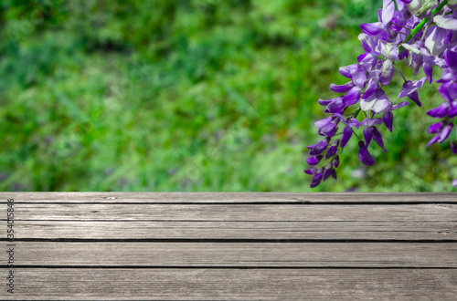 frot view wood Shelf Table on blurred background photo