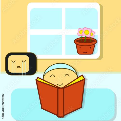 Vector illustration of reading a book at home. Read a book inside house vector illustration.