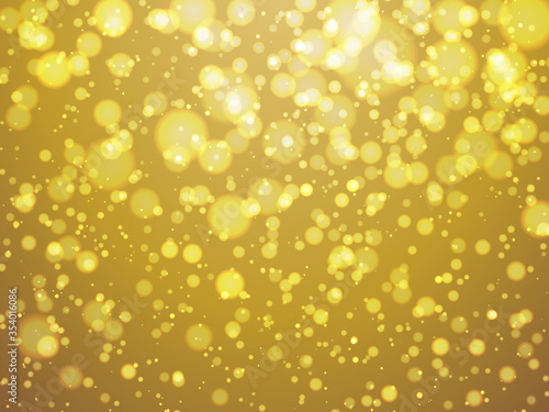 Abstract colorful bokeh and glowing spakling shining particles in random gold color theme background. Lighting effects of flash. Blurred vector background with light glare,