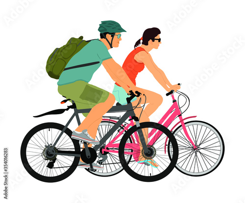 Happy couple in love riding bicycle vector illustration isolated on white background. Outdoor after work relaxing in nature. Boy and girl on date. Woman and man with backpack and helmet enjoy in drive