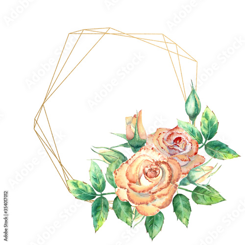 Gold geometric frame decorated with flowers. Peach roses, green leaves, open ...