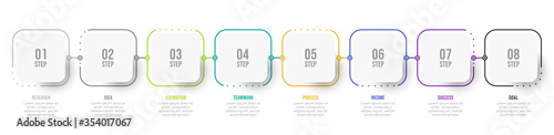 Business infographic thin line process with square template design with icons and 7, 8 options or steps. Vector illustration.