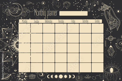 Monthly and weekly planner. magical image of cosmic bodies, stars, constellations, the sun and the moon. Retro vintage vintage style engraving. astrology and horoscope. Vector graphics
