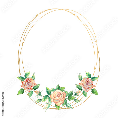 Gold geometric frame decorated with flowers. Peach roses, green leaves, open ...