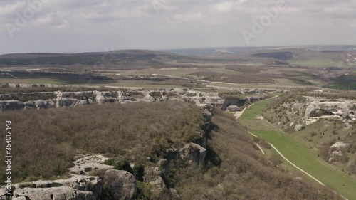 Cave city Eski-Kermen, near the city of Bakhchysarai, Crimea. Aerial footage 4k
