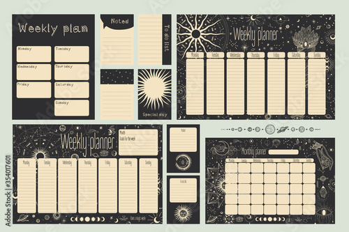 Monthly and weekly planner. magical image of cosmic bodies, stars, constellations, the sun and the moon. Retro vintage vintage style engraving. astrology and horoscope. Vector graphics