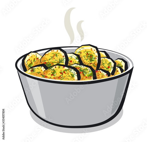 illustration of the hot boiled potato with a dill in the bowl