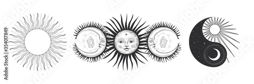 Vector illustration set of moon phases. Different stages of moonlight activity in vintage engraving style. Zodiac Signs