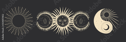chic golden luxurious retro vintage engraving style. image of the sun and moon phases. culture of occultism. Vector graphics