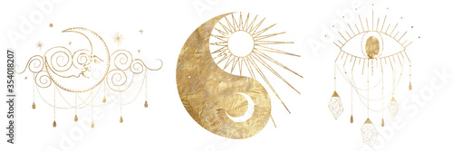 chic golden luxurious retro vintage engraving style. image of the sun and moon phases. culture of occultism. Vector graphics