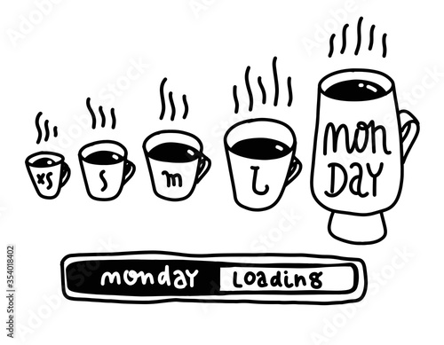 Small Medium Large Monday Funny Concept (Hand Drawn Coffee Cups Vector Illustration Poster Design). Morning with coffee, vector art for banner, poster, card. Loading monday lettering