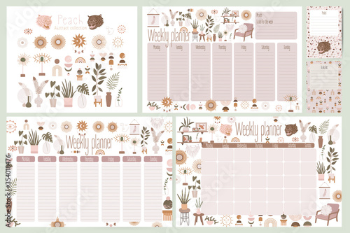 Objects for a cozy sweet home. home flowers and plants. minimalism, primitivism, abstraction. vector graphics, print, trend, Weekly glider, monthly. planning events, goals and objectives. print