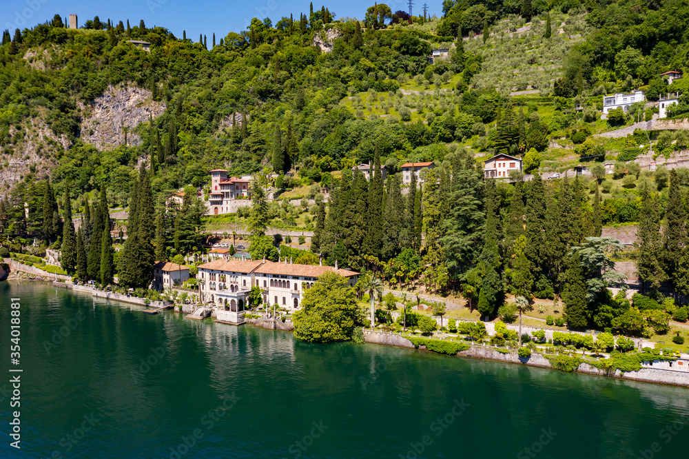 Aerial view of the village of Varenna and Villa Monastero on Lake Como, Italy