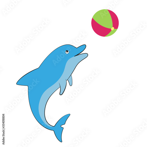 Cute cartoon dolphin playing with a colorful ball