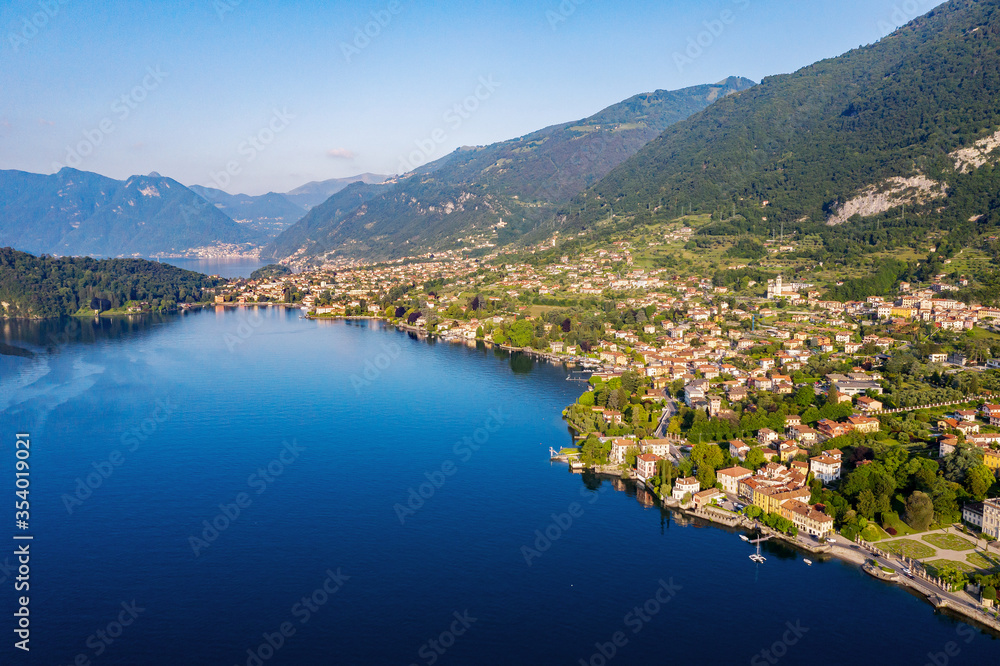 Lake Como, Italy, Town of Tremezzo and Lenno, aerial view from the lake