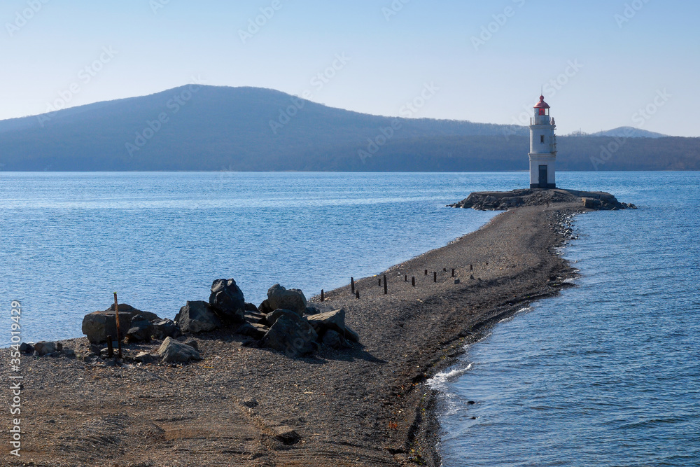 Tokarev lighthouse and Amur bay. Vladivostok, Primorsky Krai (Primorye), Far East, Russia.