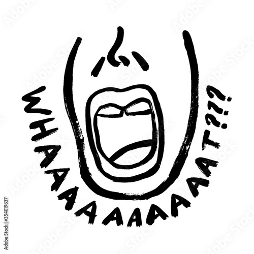 The emotion of surprise and wonder in a man on the face. Human emotion with text what? Illustration of an incredible event or news. Shoking open mouth icon. Doodle hand-drawn grunge style.