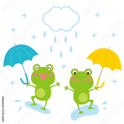 梅雨　傘をさして踊るカエルたち　イラスト