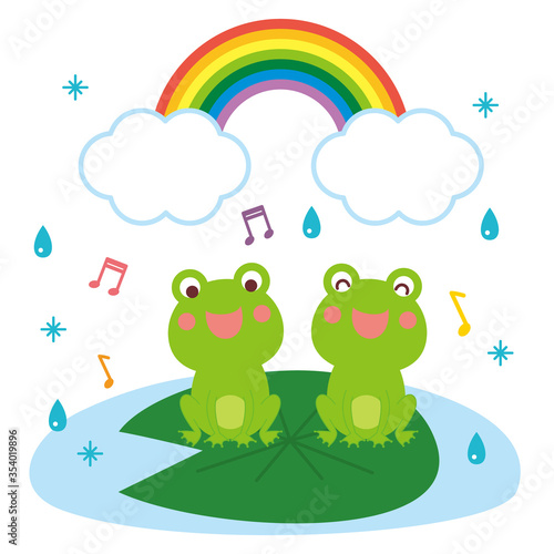 梅雨　歌を歌うカエルたちと虹　イラスト