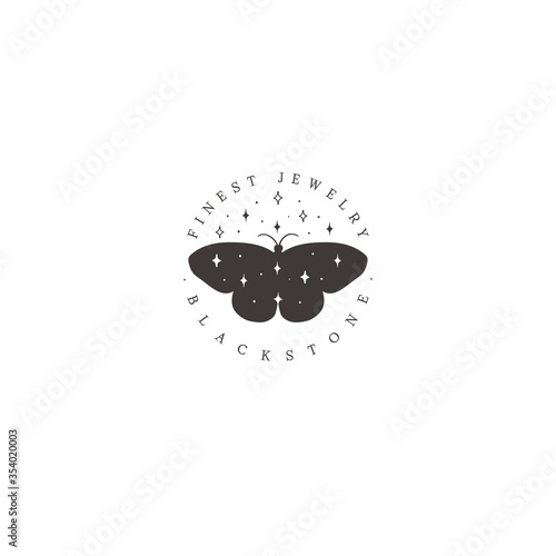 abstract hand drawn circular moon butterfly shape logo design with stars, icon, vector illustration in trendy line linear art style. Branding