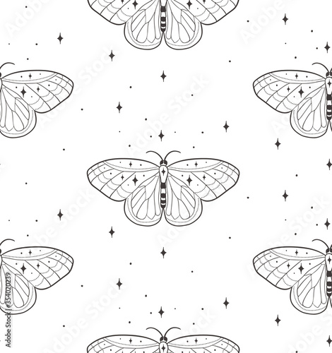 Vector Abstract Line Drawing Cosmic Seamless Pattern with Stars, Butterflies,...