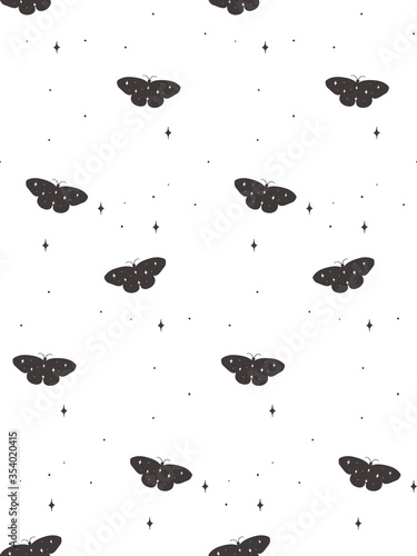 Vector Abstract Line Drawing Cosmic Seamless Pattern with Stars, Butterfly Bl...