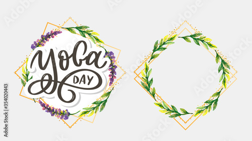 Lettering Yoga. Vector background International Yoga Day. Vector design for poster, T-shirts, bags. Yoga typography. Vector elements for labels, logos, icons, badges.