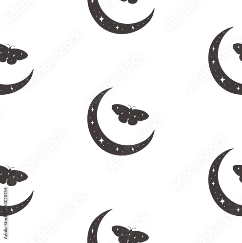 Vector Abstract Line Drawing Cosmic Seamless Pattern with Moon, Stars, Cresce...