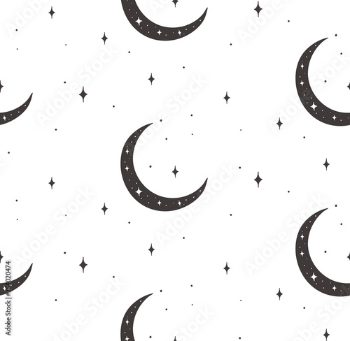Vector Abstract Line Drawing Cosmic Seamless Pattern with Moon, Stars, Cresce...