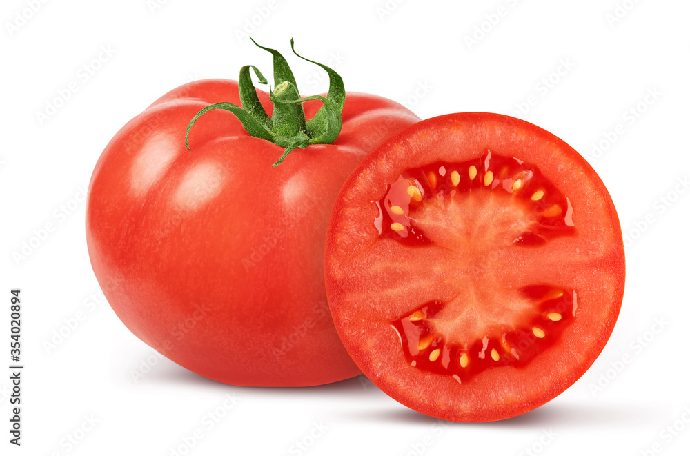 One whole tomato and slice isolated on white One whole tomato and slice isolated on white