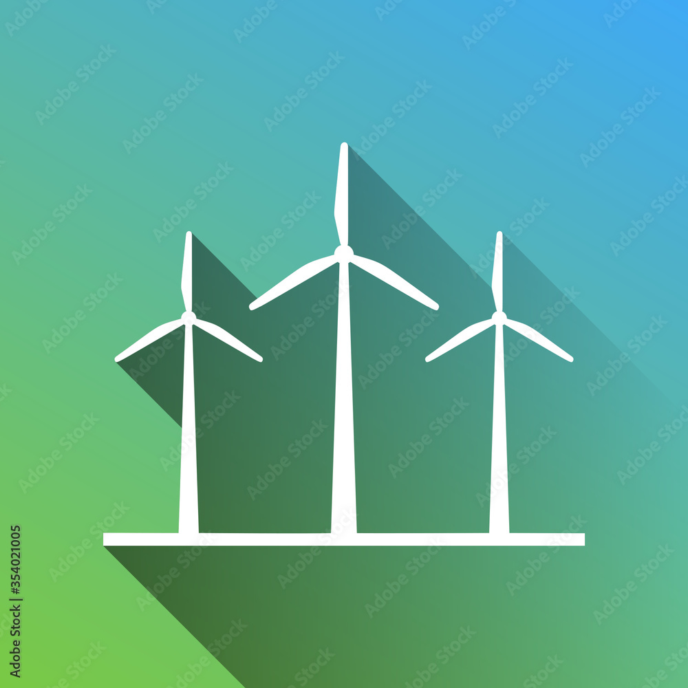 Wind turbines sign. White Icon with gray dropped limitless shadow on green to blue background. Illustration. Wind turbines sign. White Icon with gray dropped limitless shadow on green to blue background. Illustration.