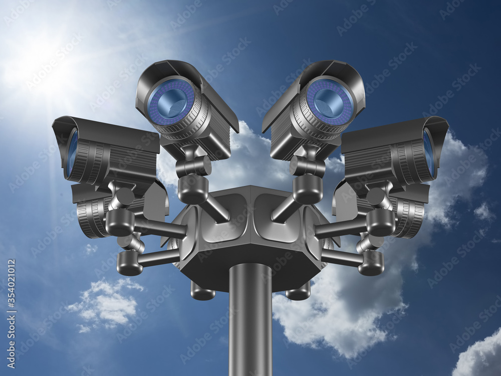 eight security cameras on sky background. 3D illustration