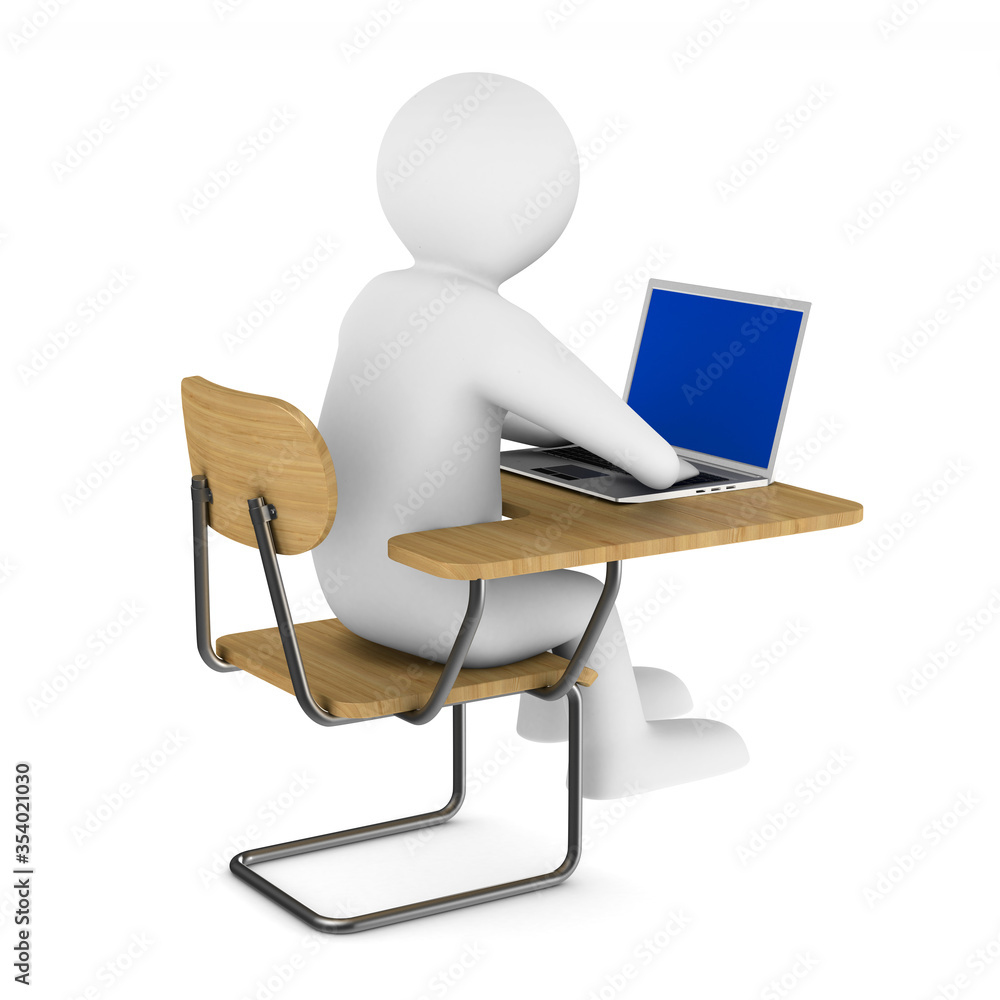 School desk and laptop on white background. Isolated 3D illustration School desk and laptop on white background. Isolated 3D illustration
