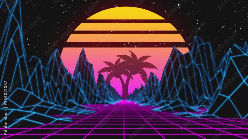 Retro wave animation with sun, space, palm trees, mountains, glowing stars and laser grid on terrain. Retro futuristic motion graphics. Retro wave animation with sun, space, palm trees, mountains, glowing stars and laser grid on terrain. Retro futuristic motion graphics.