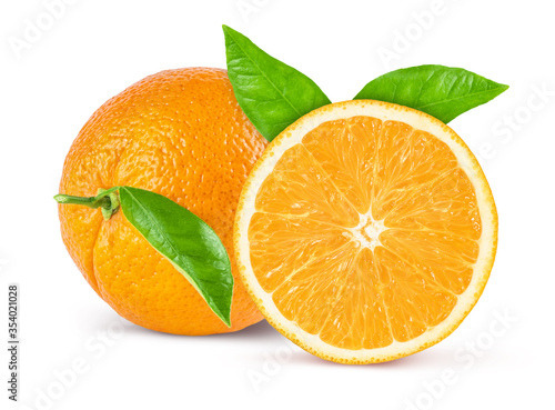 Whole orange fruit and slice with leaf isolated on white