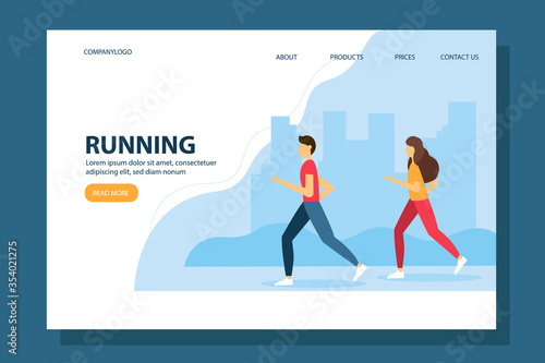 Vector illustration for city run, training, marathon, cardio exercising. Man and woman running in the park. Landing page template.