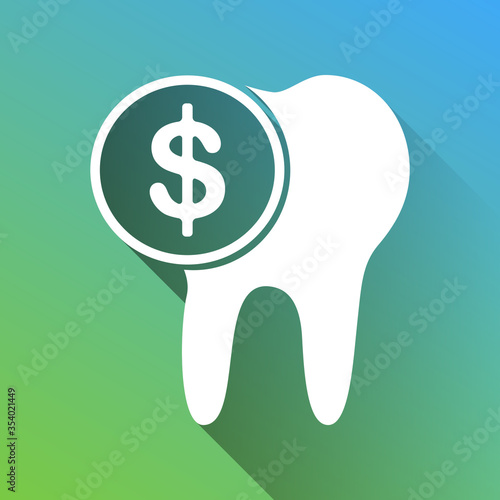 The cost of tooth treatment sign. White Icon with gray dropped limitless shadow on green to blue background. Illustration.