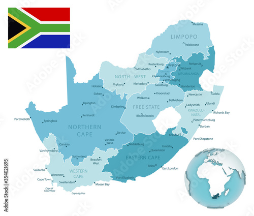 South Africa administrative blue-green map with country flag and location on a globe.