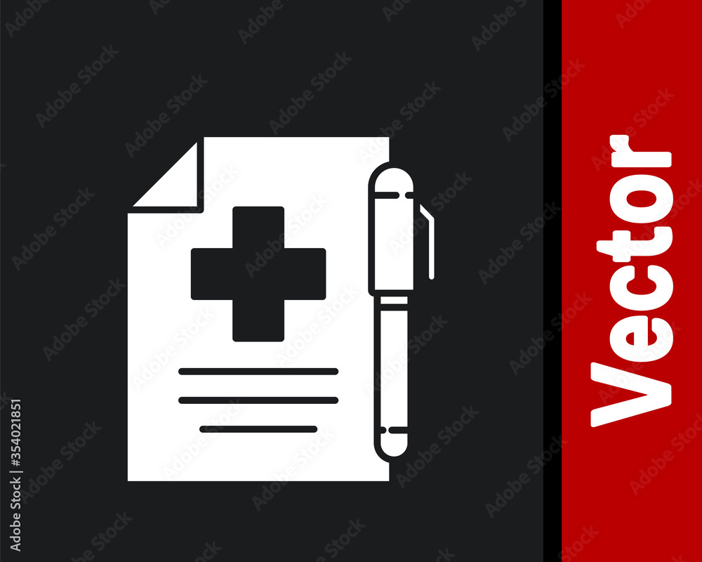 Obraz premium White Medical prescription and pen icon isolated on black background. Rx form. Recipe medical. Pharmacy or medicine symbol. Vector Illustration.