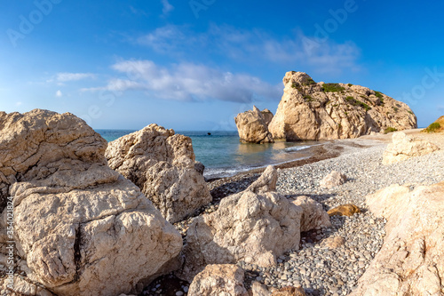 Cyprus beach. Rock Aphrodite. Stone of Peter Tu Romiu. Aphrodite's stone on the background of blue sky. Travel around the village of Kuklia. Landscape of the Mediterranean Sea. Cyprus Tourism. photo
