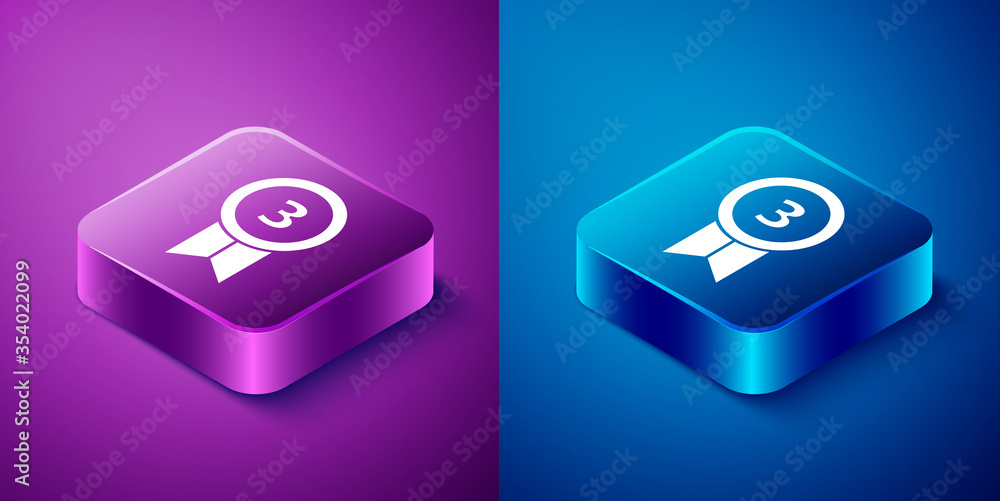 Isometric Medal icon isolated on blue and purple background. Winner achievement sign. Award medal. Square button. Vector Illustration. Isometric Medal icon isolated on blue and purple background. Winner achievement sign. Award medal. Square button. Vector Illustration.
