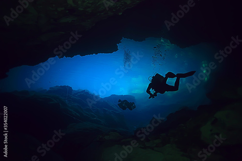 diver underwater unusual view, concept depth, diving in the sea