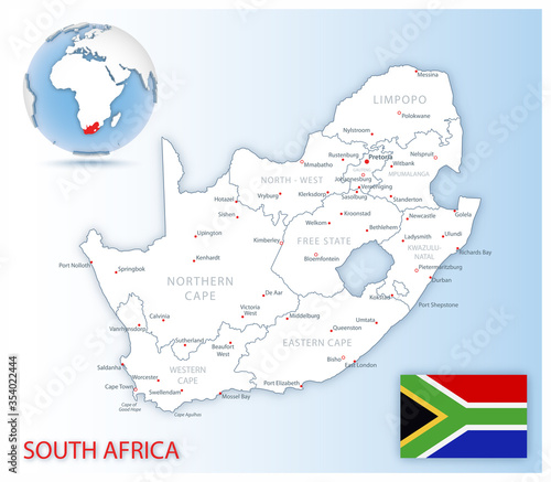 Detailed South Africa administrative map with country flag and location on a blue globe.