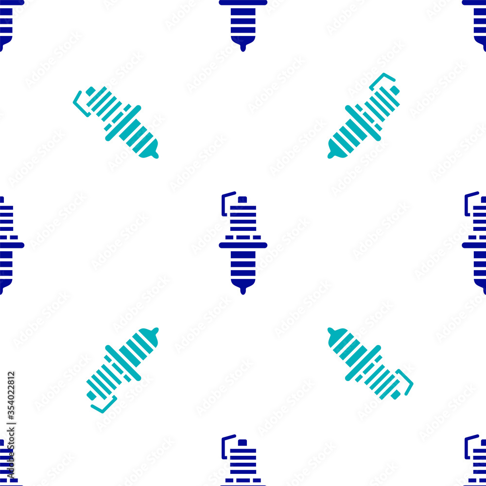 Blue Car spark plug icon isolated seamless pattern on white background. Car electric candle. Vector Illustration. Blue Car spark plug icon isolated seamless pattern on white background. Car electric candle. Vector Illustration.