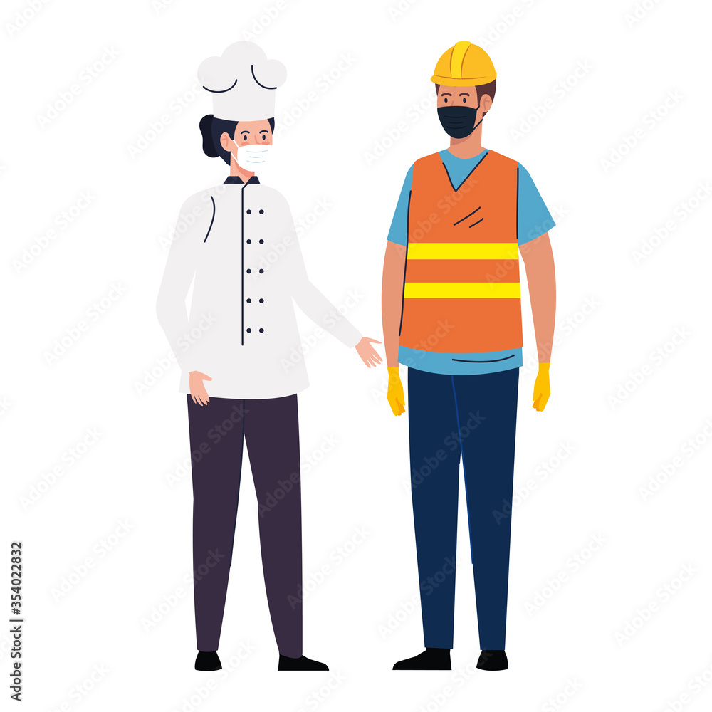 worker construction with chef female using face mask during covid 19 on white background vector illustration design worker construction with chef female using face mask during covid 19 on white background vector illustration design