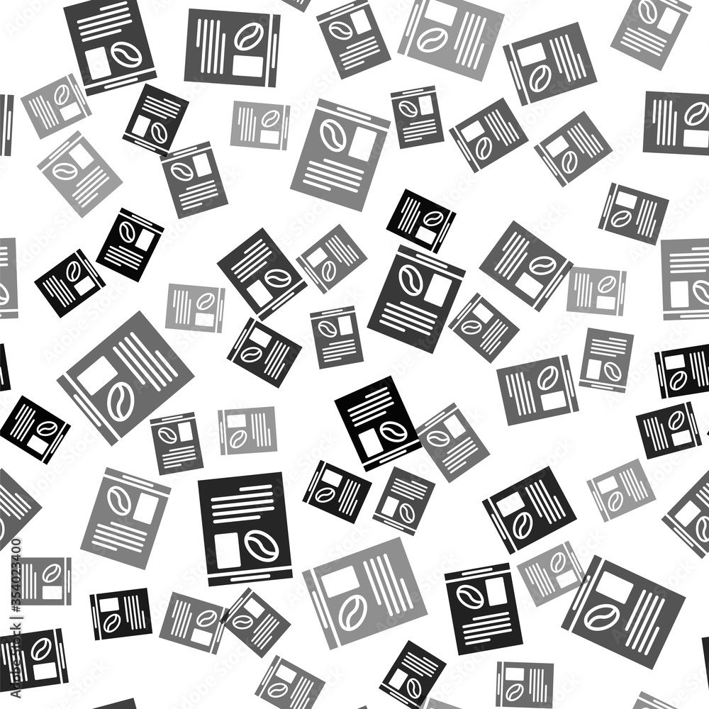 Black Newspaper and coffee icon isolated seamless pattern on white background. Mass media symbol. Vector Illustration.