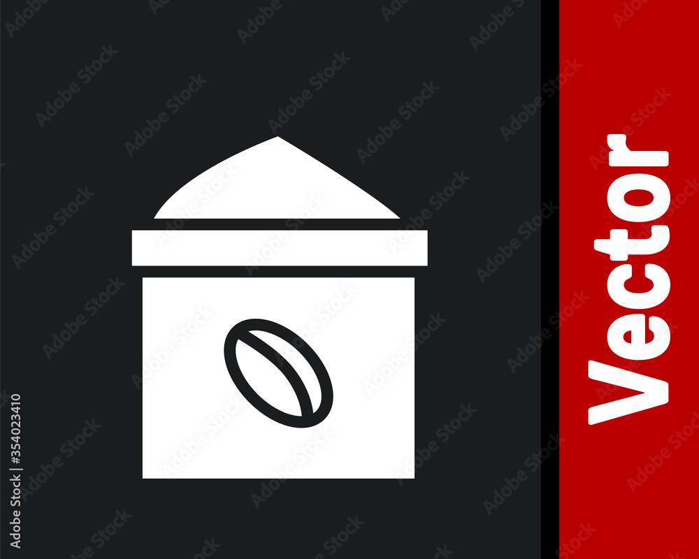 White Bag of coffee beans icon isolated on black background. Vector Illustration. White Bag of coffee beans icon isolated on black background. Vector Illustration.