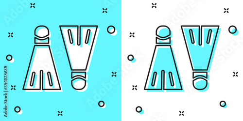 Black line Rubber flippers for swimming icon isolated on green and white background. Diving equipment. Extreme sport. Sport equipment. Random dynamic shapes. Vector Illustration.
