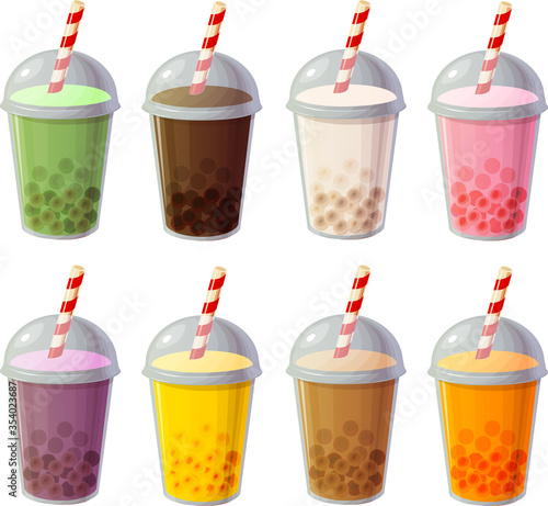 Vector illustration of various fast food take out plastic containers with cold drinks, smoothies, milk shakes or soda isolated on white background